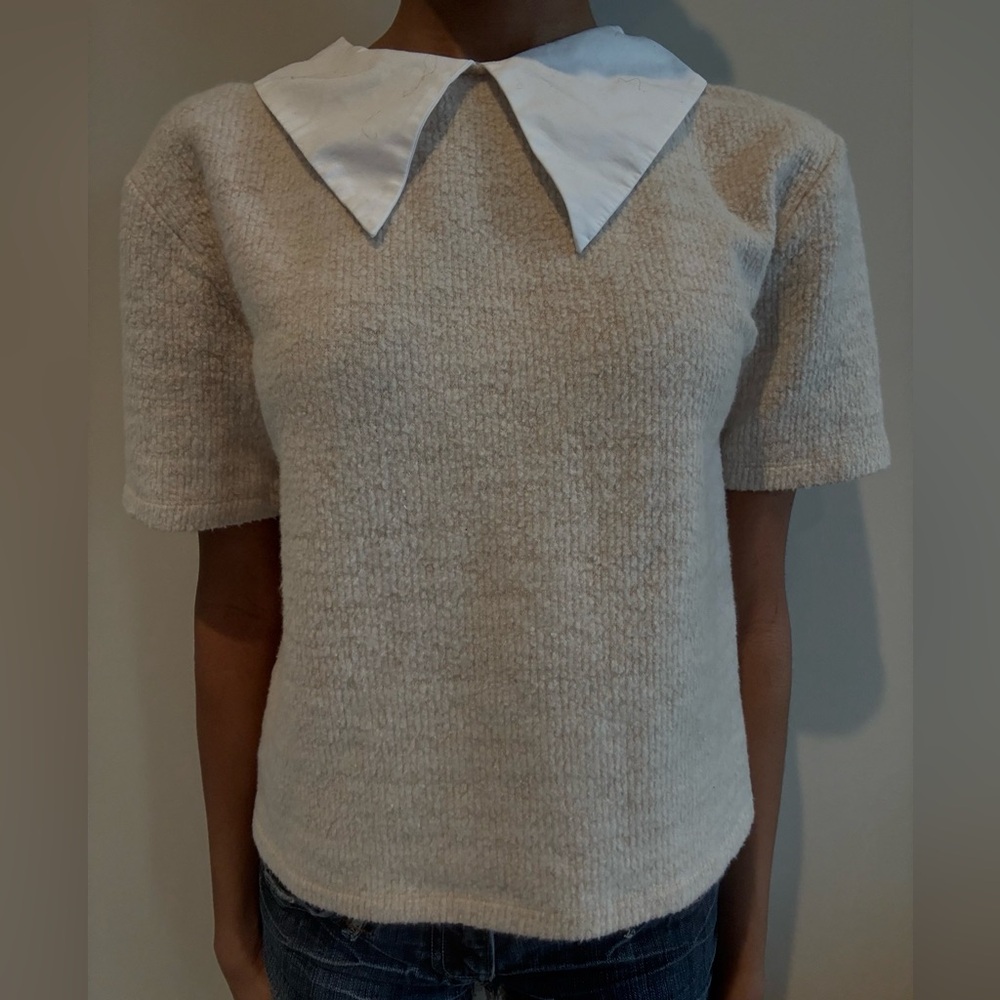 ZARA Cream Fleece Collared Short Sleeve Top